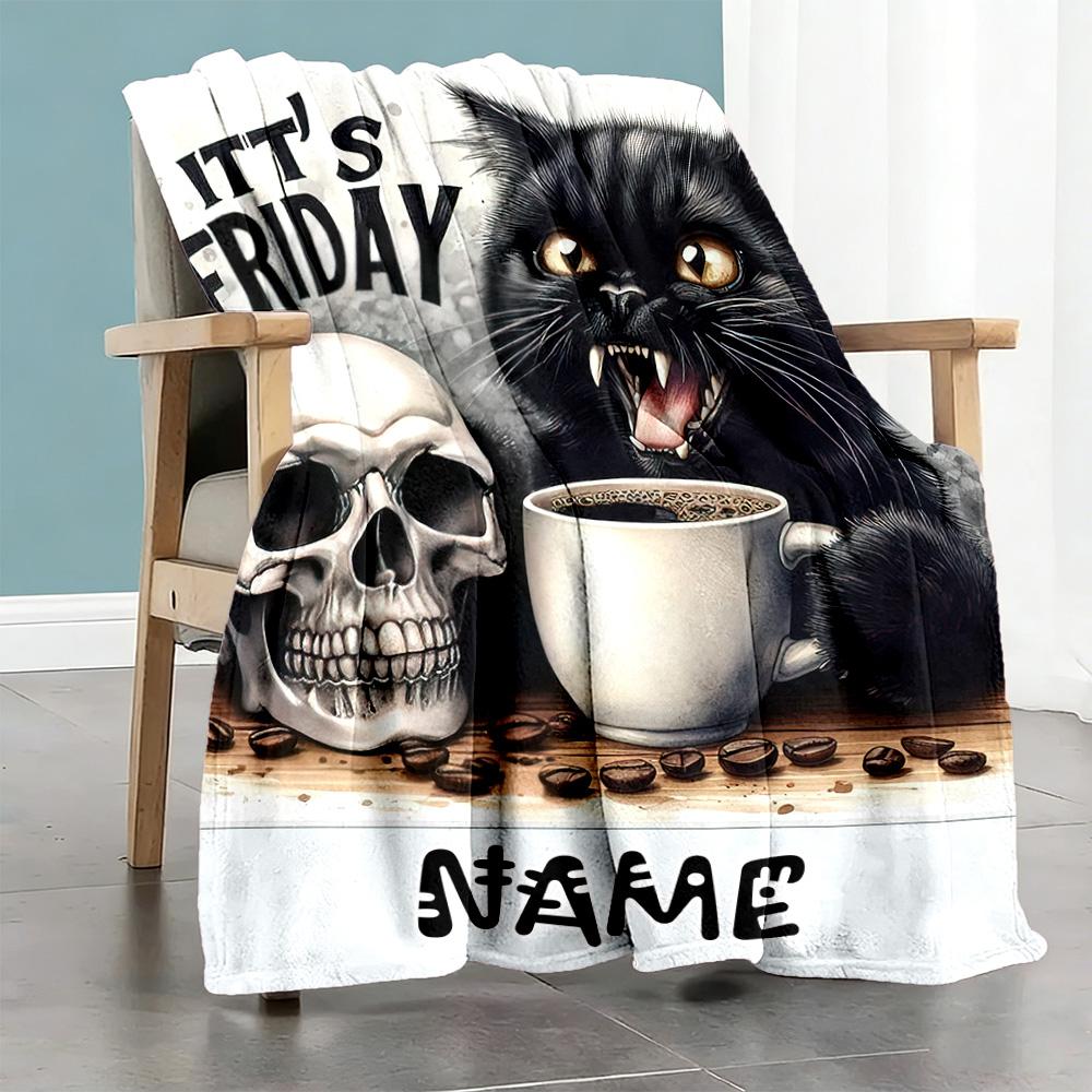 Black Cat Skull Personalized Text Blanket Throw Customizable Blanket Warmthful Decor Perfect for Nap Bedding Livingroom Couch Ideal for All Seasons