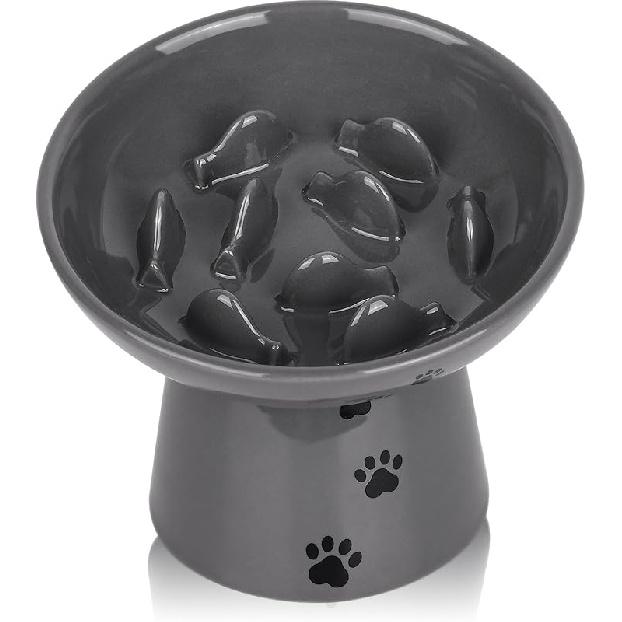 Y YHY Slow Feeder Cat Bowl, Ceramic Cat Slow Feeder Bowl, 6 Inches, Elevated, Anti Vomiting for Dry and Wet Food, White