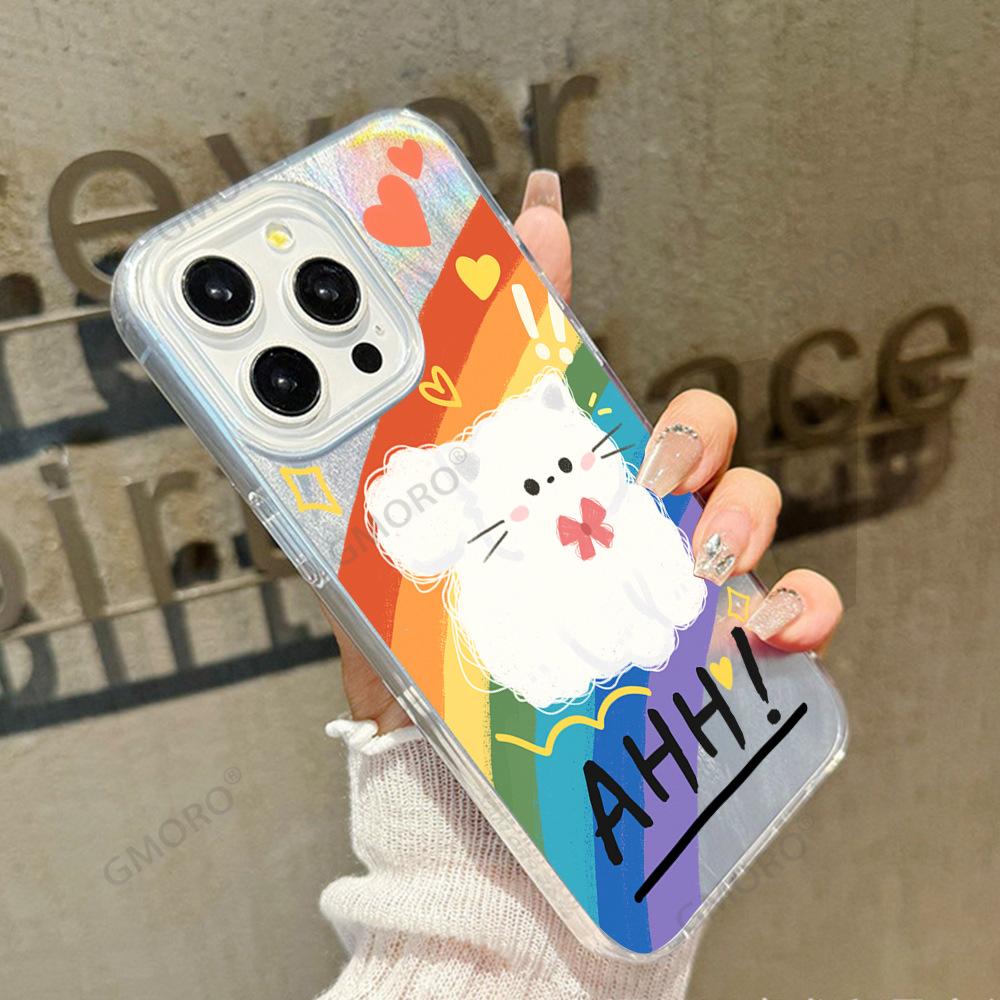 Creative Rainbow Cat is suitable for Apple 15 mobile phone case, cute iPhone17promax anti-drop hard case protective case.