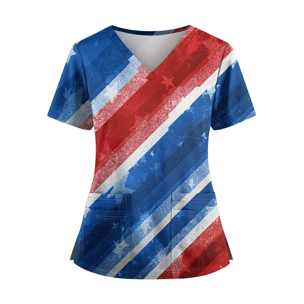 Women's Independence Day Print V-Neck Double Pocket Short Sleeve Uniform with Slit Hem - Caregiver Top