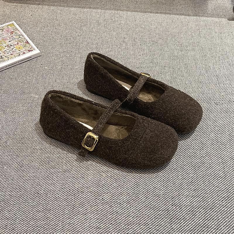 Fur Lining Women Flats Shoes Comfort Round Toe Soft Sole Shoes Outdoor Warm Short Plush Mary Jane Shoes For Autumn Winter