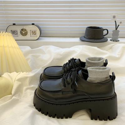 Lace-up Retro Small Leather Shoes Women's Spring 2024 New Versatile British Style Casual Thick Heel Thick Sole Heightening Single Shoes