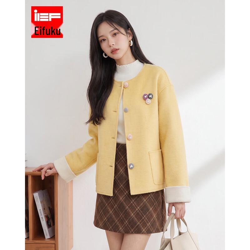 IEF Women's Short Wool-Blend Round-Neck Jacket with Decorative Buttons