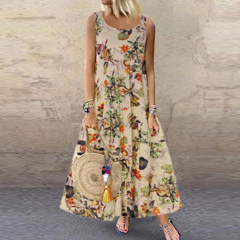 Floral Print Loose Long  Women Casual Vintage Sleeveless O Neck Bohemian Maxi  Beach Sundress Plus Size