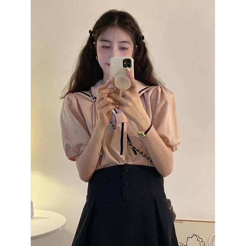 2025 Women's Summer College-Style Navy Collar Puff Sleeve Shirt & High Waist Pleated Skirt Two-Piece Set