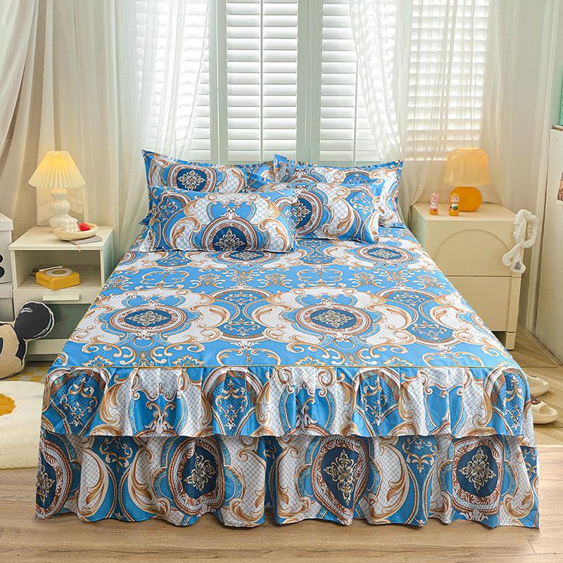 

3pcs Modern Korean Floral Bed Skirt Set with Lotus Leaf Embellishments and Princess Floral Pattern, All-Season Brushed Light Beige-Friendly Bedding 150cm×200cm