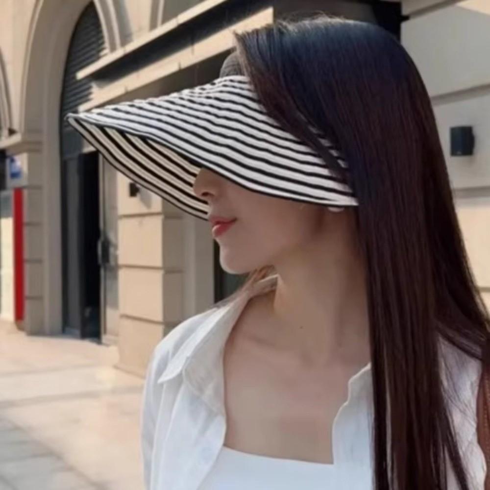 Foldable Stripe Empty Top Hat Wide Brim Striped Headband Fashion Sun Protection Cap Beach Holiday