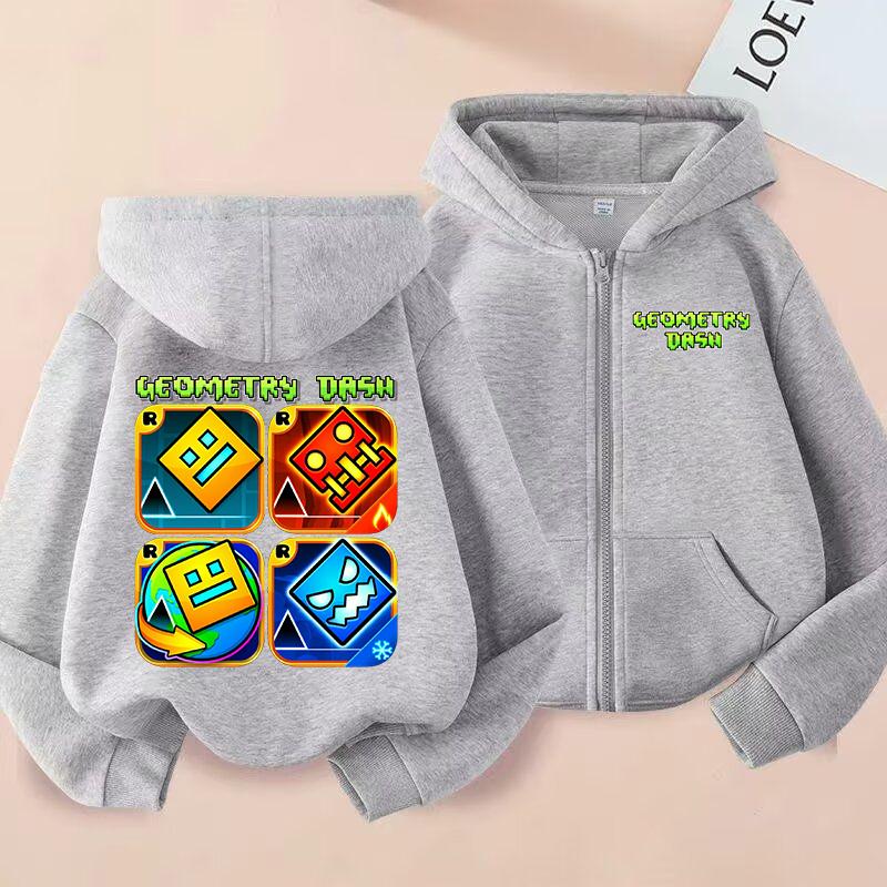 Sudadera con capucha y cremallera impresa de Geometry Dash Ropa para niño y niña Tops casuales Chaqueta abrigo de manga larga Sudaderas con cremallera de dibujos animados para niños