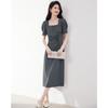 Elegant French Pleated Square Neck Puff Sleeve Midi Dress