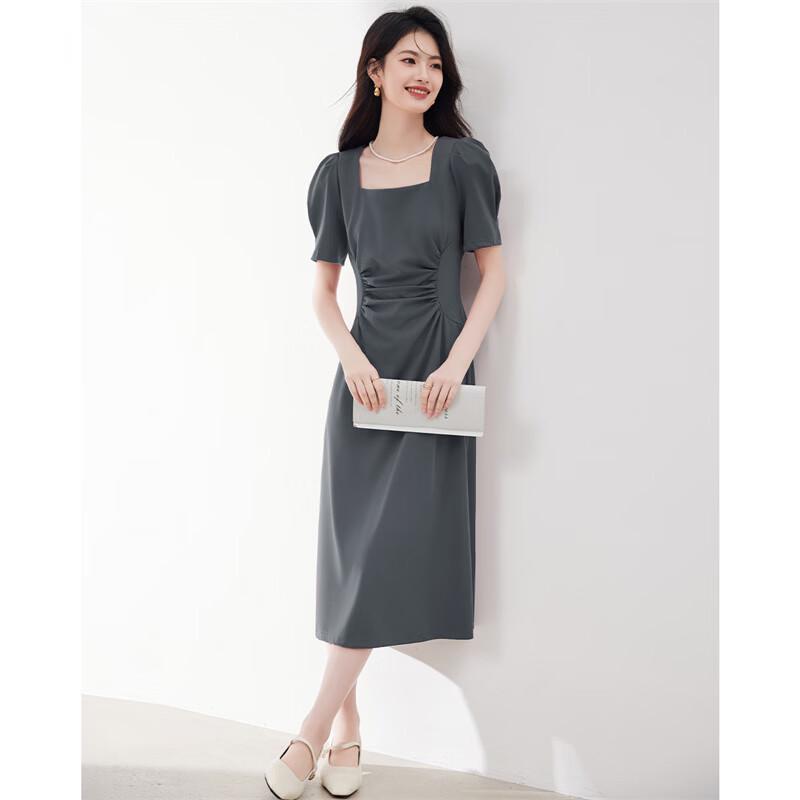 Elegant French Pleated Square Neck Puff Sleeve Midi Dress