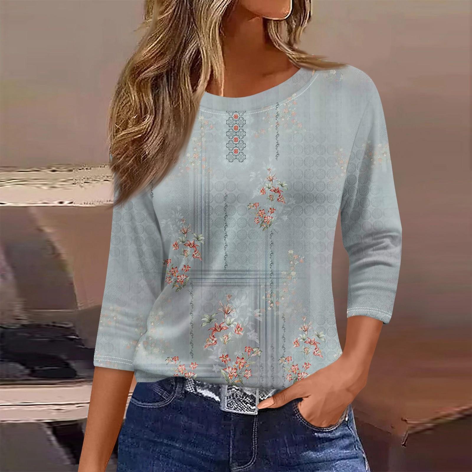 

Женская футболка, модная повседневная футболка с круглым вырезом и рукавом 3/4, свободная футболка с принтом, женская футболка L