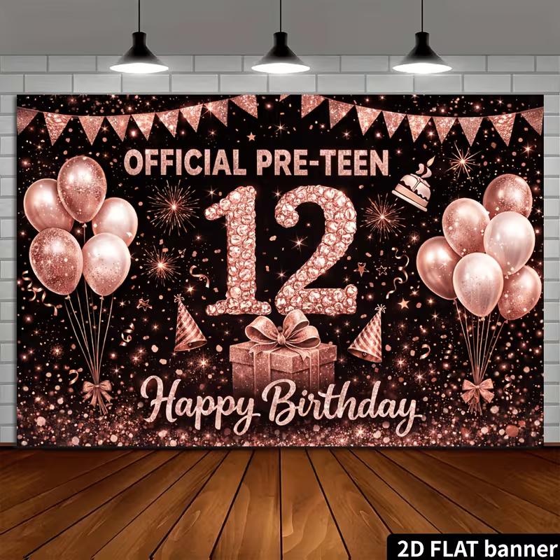 2D Rose Gold 12th Happy Birthday Backdrop Banner Official Pre-Teen Photography Background