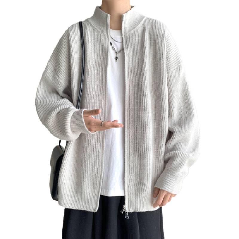 Men's Autumn Knit Cardigan - Loose Casual Stand Collar Jacket with Long Sleeves and Half High Collar Zipper.
