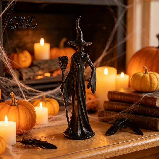 Collectibles for Gothic Lovers Abstract Witch Figurine, Resin Black Cat Statue, Halloween Scene Setup Props Ornament, Tabletop Decor Home Mantel
