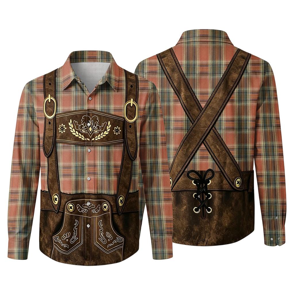 Men’s 3D Printed Loose Fit Turn-Down Collar Long Sleeve Shirt Vintage Plaid Design Casual Retro Style for Festivals Outdoor Parties