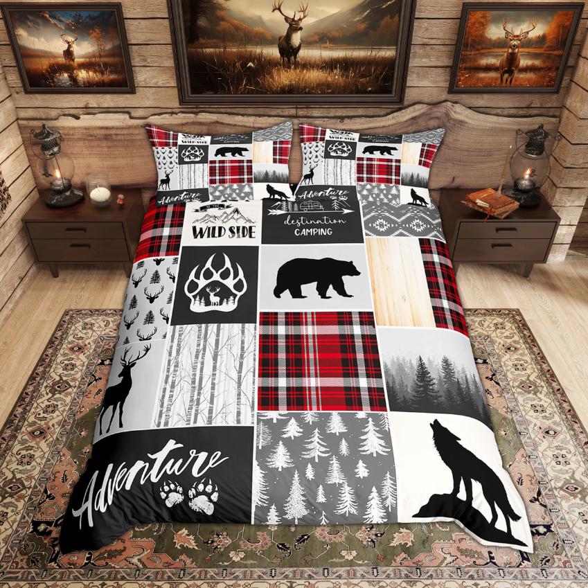 Homewish Rustic Deer Bear Duvet Cover Set Woodland Animal Checkered Quilt Cover Set Farmhouse Lodge Cabin Bedding Set