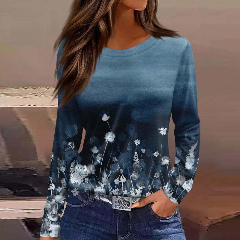 Women's Long Sleeved T-shirt 3D Printed Gradient Print Fashionable Round Neck Top T-shirt