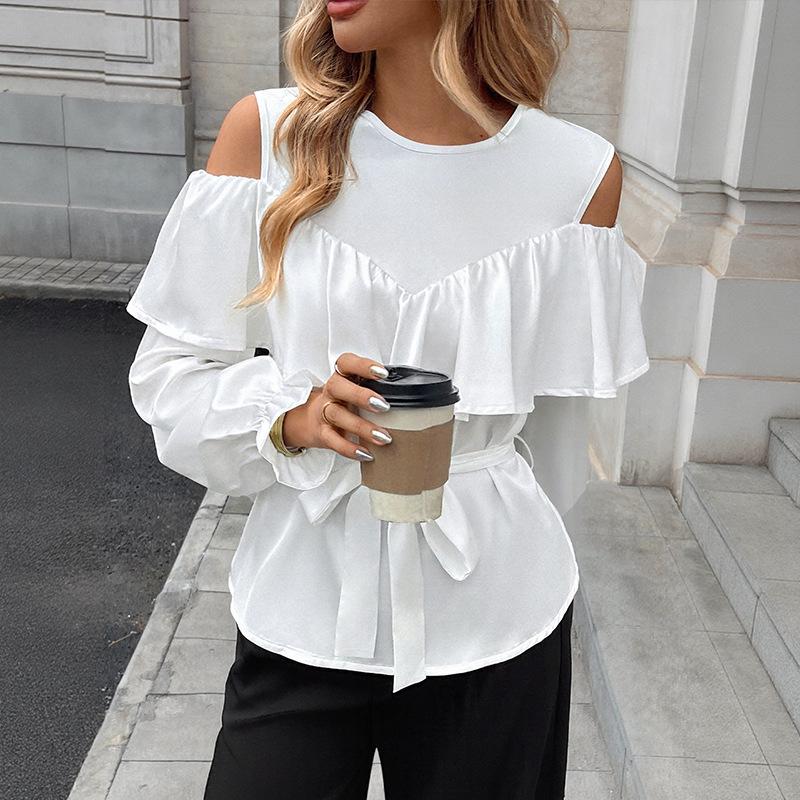 Elegant Off-the-Shoulder Ruffled Satin Blouse with Long Sleeves (Spring/Autumn 2025 Collection)