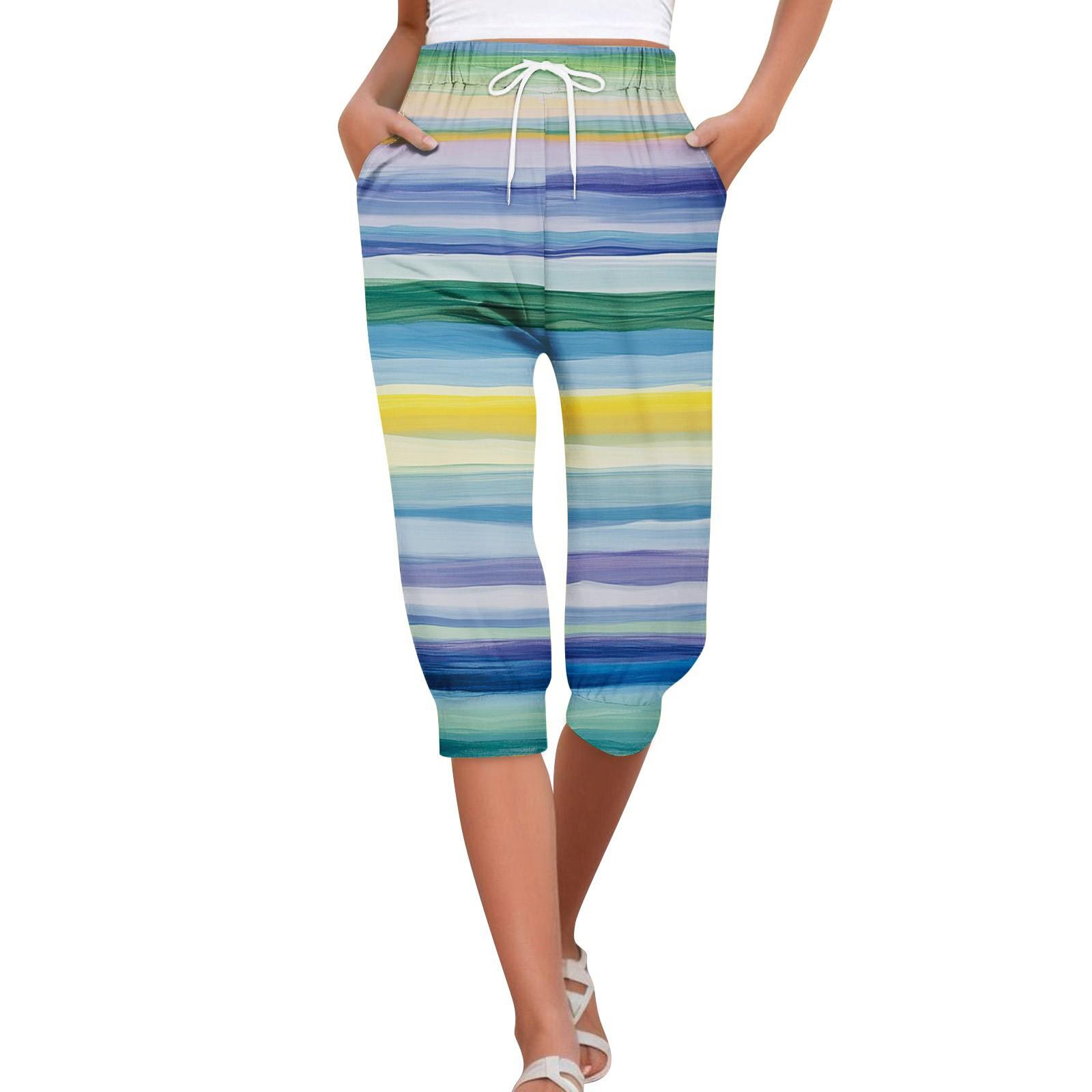 Women s Summer Hawaiian Print Casual Loose Cropped Pants with Pockets L
