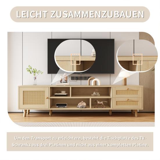 TV Cabinet Premium 160cm Wood-Colored Rattan for 70-Inch TV-Cable Management 2 Drawers Entertainment Center 1 Door Cabinet Base Living Room