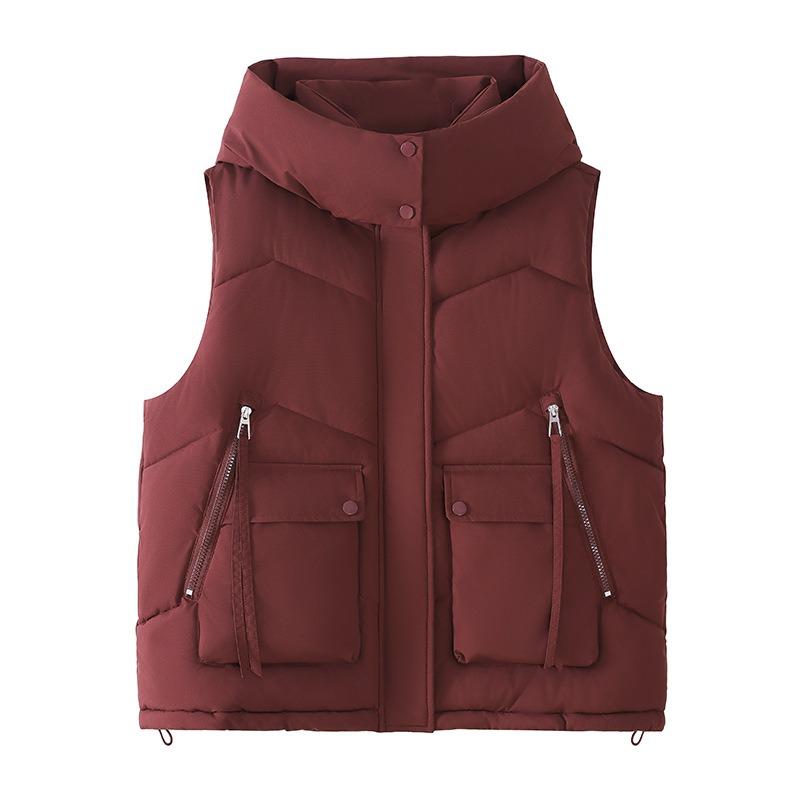 Single large size hooded down cotton vest women's autumn and winter loose cotton vest short big pocket vest jacket