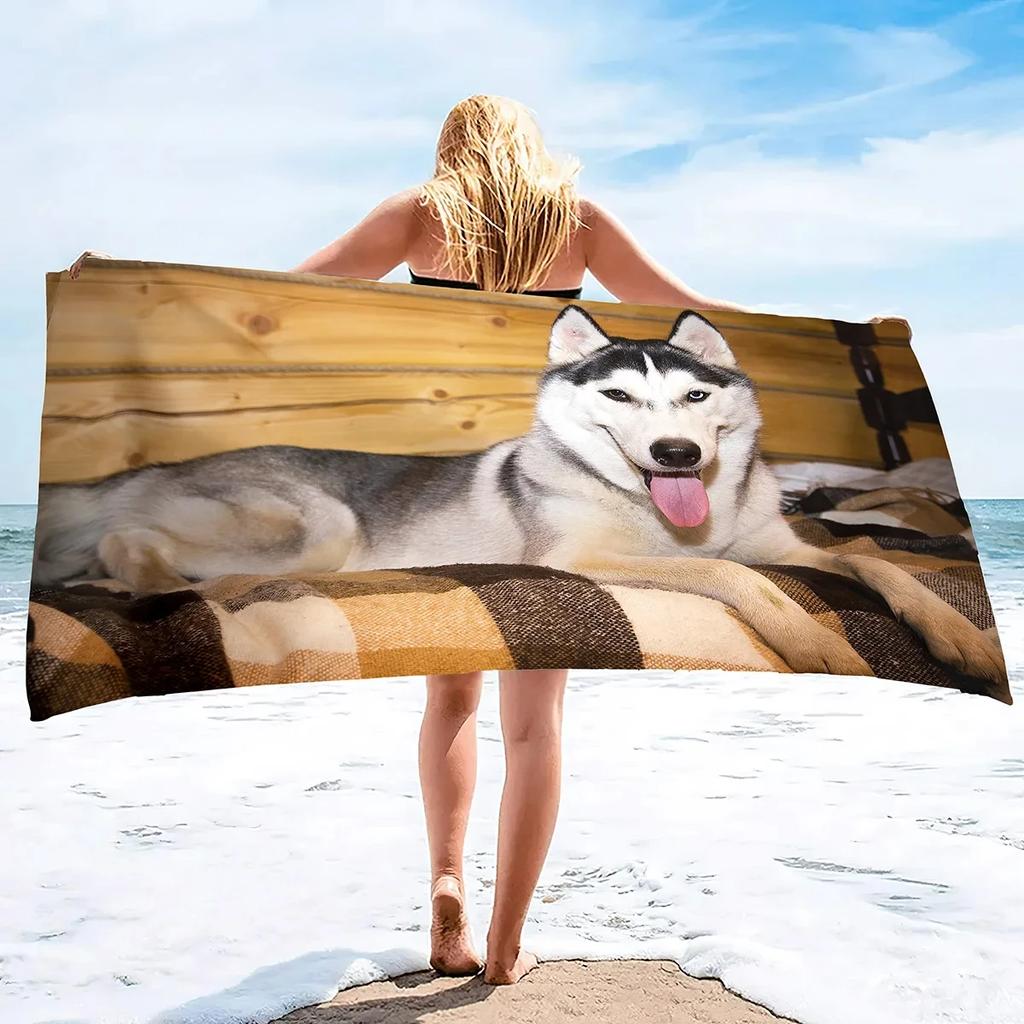 Lightweight Husky Dog Beach Towel Quick Dry Sand Free Pool Bath Towel Soft Outdoor Travel Towels for Camping Swimming Yoga Sport