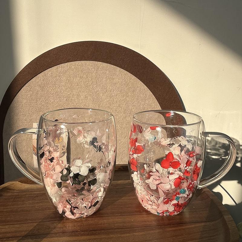 Ny 350 ml Dobbeltvegg Kaffekopp Med Håndtak Klar Melkekopp Gaver Glasskopp Fyll Kunstige Simuleringsblomster Tekopp