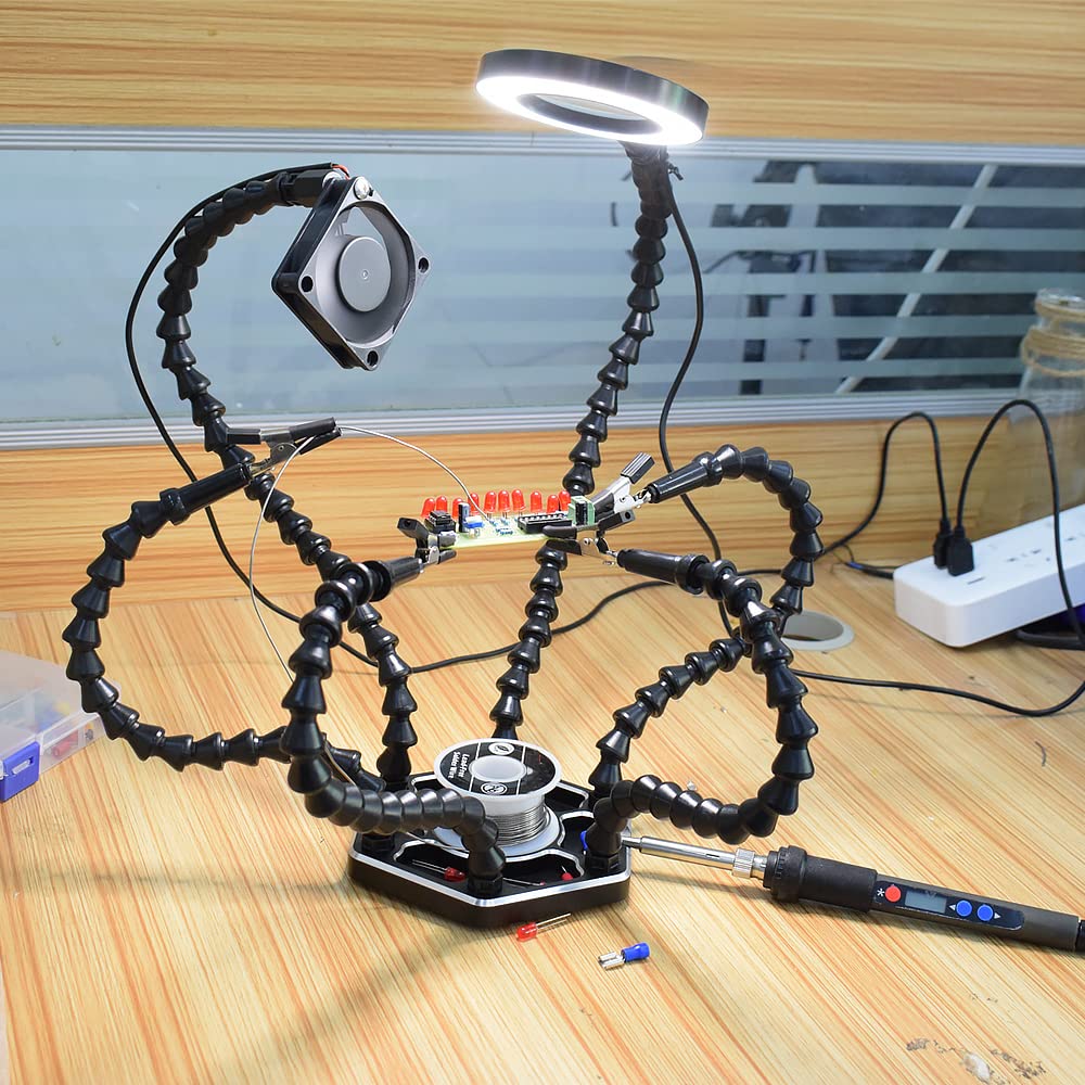 Soldering Upgraded Flexible Helping Hand Third Hand Soldering Station Tool Magnifier Aluminum Base 6 Helping Hands 360 Degree Rotating Multi-function