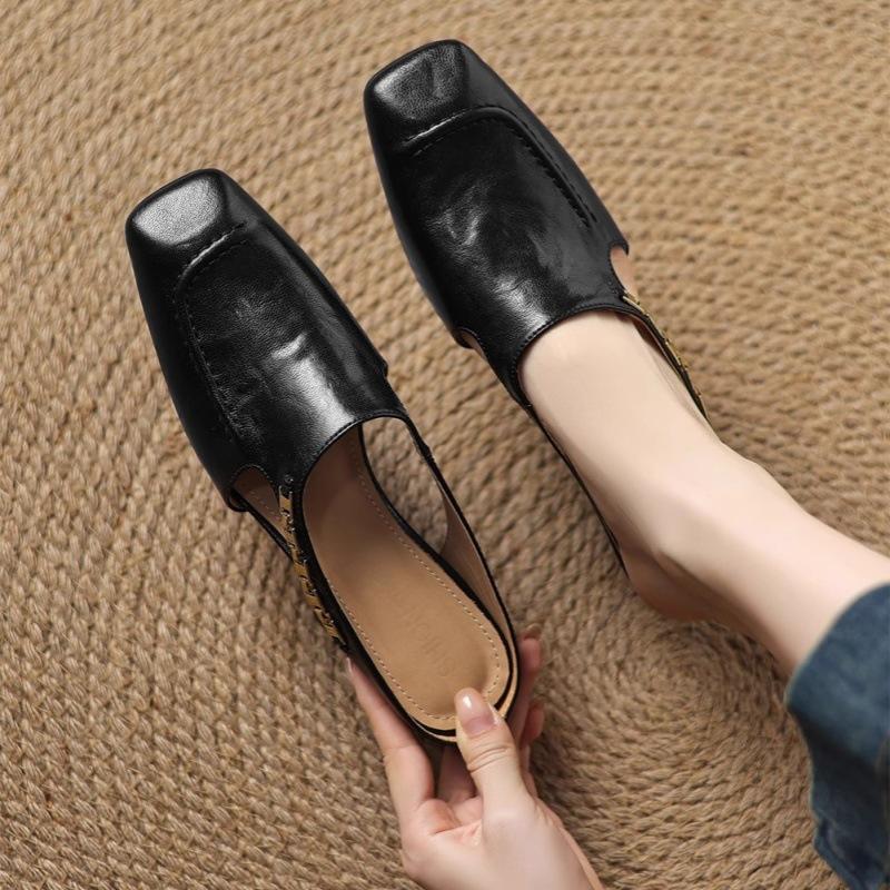 2025 New French Retro Style Bag Head Sandals Temperament Metal Chain Half Slippers Square Head Inner Height Increase Muller Shoes