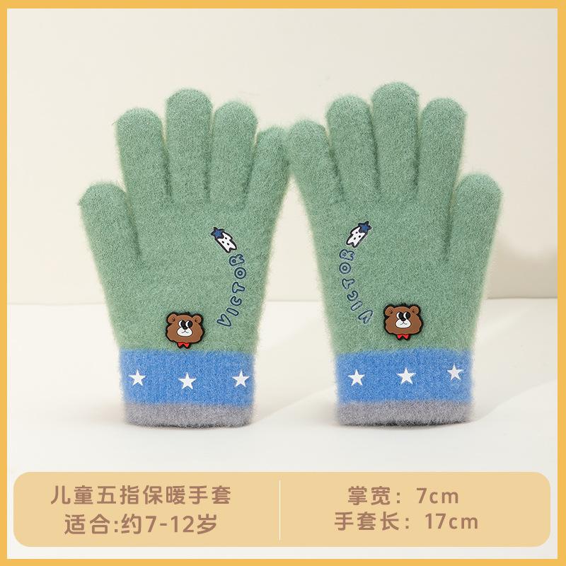 Autumn and winter cartoon cute boy bear knitted finger thickened cold-proof primary school students wool children's warm gloves
