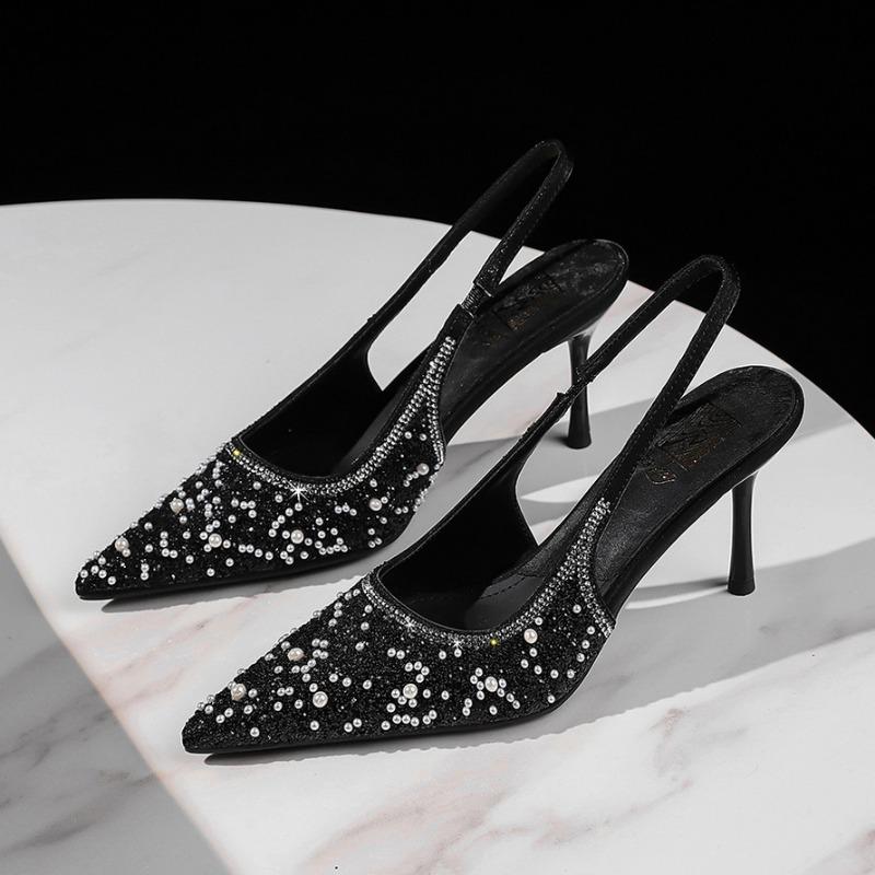 Wind banquet fashion thin heel pointed back empty shoes sequined beaded back strap high heels women's shoes