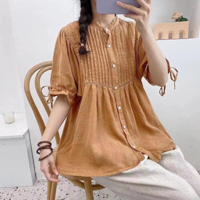 Johnature Camicie da donna in lino vintage Estate Mori drappeggiato monopetto sciolto manica corta donna 3 colori top camicette