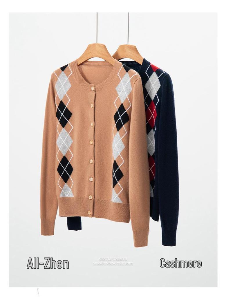 Autumn 2025 Women's Fashion Diamond Check Cashmere Cardigan