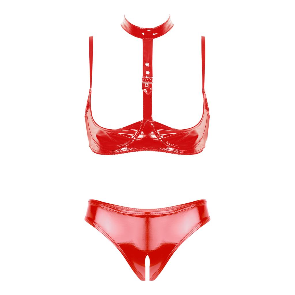 Women's Fashion Lingerie Set Patent Leather Wire-free Bra Top with High Cut Briefs Underwear Honeymoon Costume