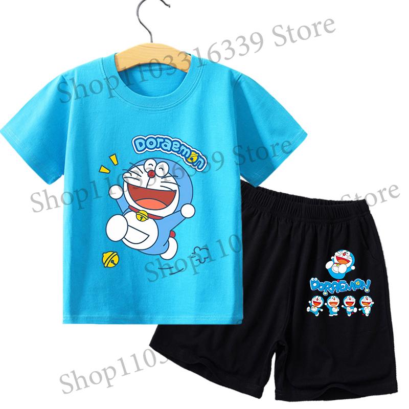 Boy Girl Short Sleeves Shorts 2pcs Set Kid Blue Top Summer Clothes Children T-shirt Set Cute Cartoon Tees