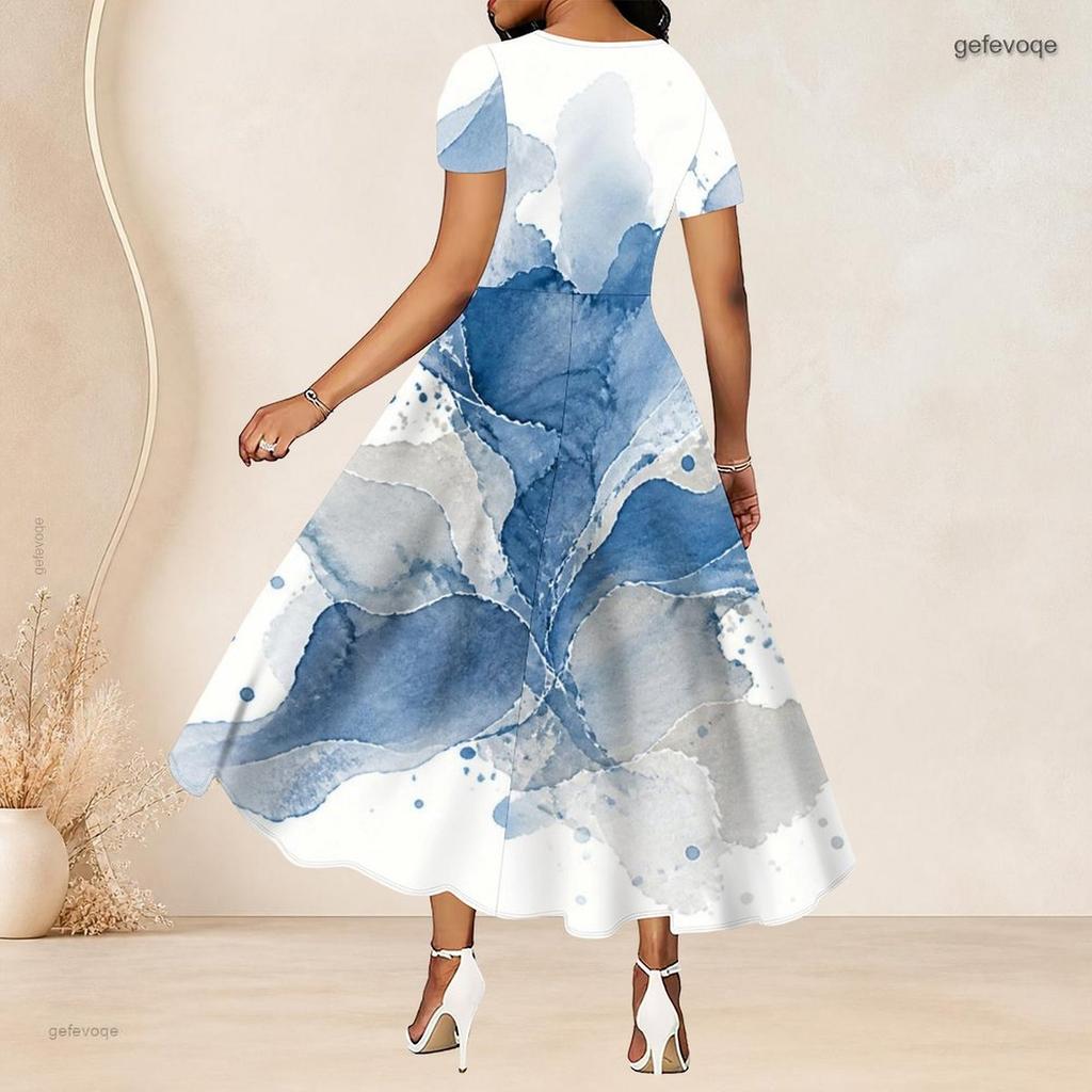 Women Plus Size Round Neck Short Sleeve Blue White Beige Printed Gathered Waist A Line Long Dress