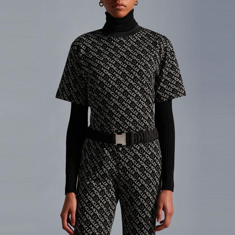 Moncler FW22 Logo All Over Print Round Neck Pullover T-Shirt Women tops Black H20938C00025899TEF90