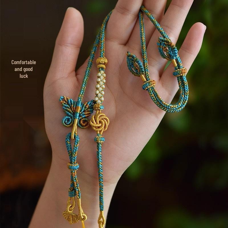 Tibetan Hand-Woven Cotton Lanyard Necklace with Amber Buddhist Amulet and Ethnic Style Thangka.