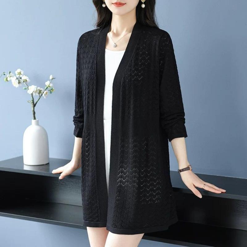 Loose Thin Cardigan Ice Silk Knitted Medium-length Hollow Long Sleeve Sunscreen Jacket Elegant Top