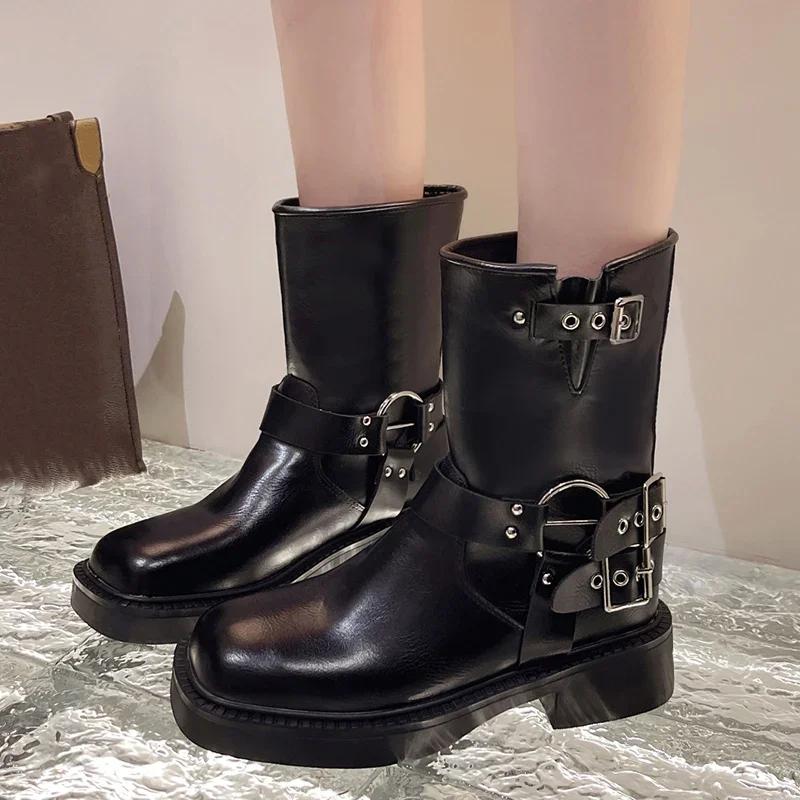 Fashion Punk Style Buckle Strap Mid-Calf Boots Women Black PU Leather Platform Western Boots Woman Big Size Square Toe Thick Heels Boots