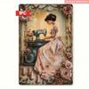 Vintage Sewing Machine Lady Rose Metal Poster Wall Art Gift
