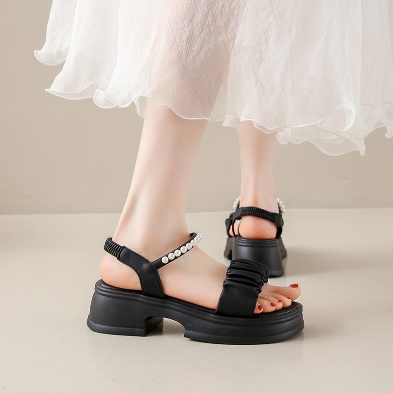 Fashion Summer New Women's Sandals: Open Toe with Pearl Button Strap, Thick Sole Waterproof Platform Shoes2025