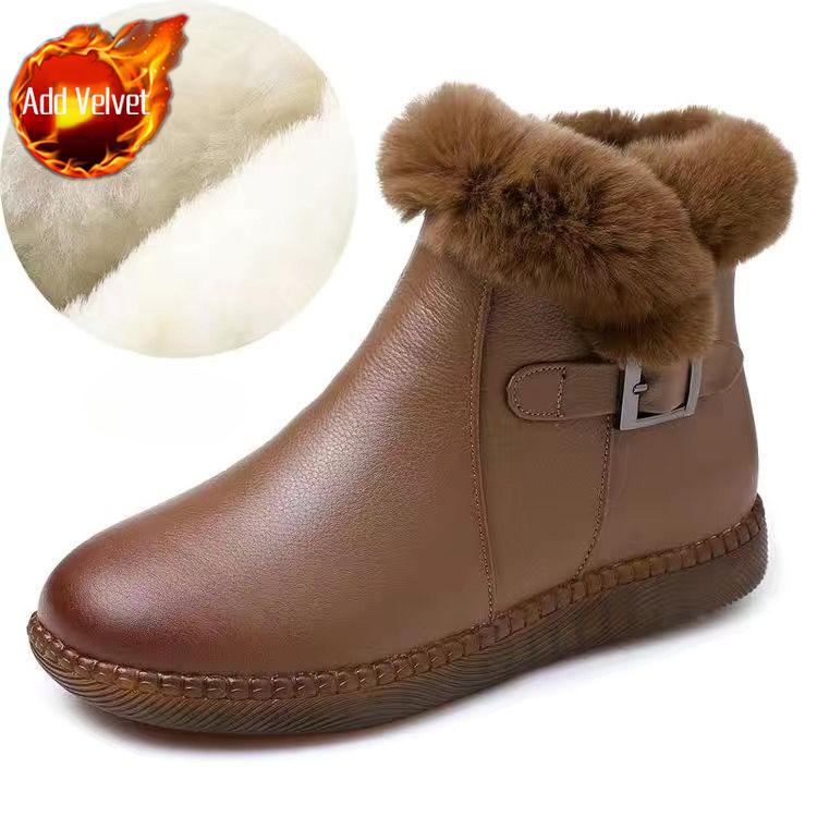 Fashion Leather Flat Waterproof Round Toe Women's Snow Boots Trend 2025 Booties Sale Furry Work Comfortable and Elegant Hot Ladies Shoes