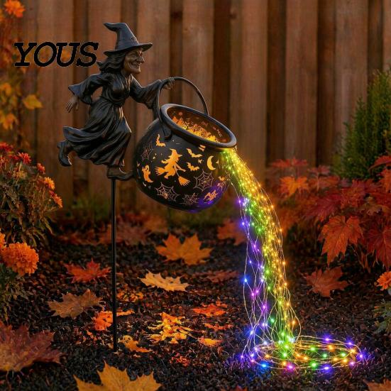 Osvětlená venkovní sezónní dekorace Halloweenský kotel čarodějnice Zahradní světlo, Kovový kůl na zahradu s LED řetězem Ozdoba na květináč Světla, Vodotěsná socha pro