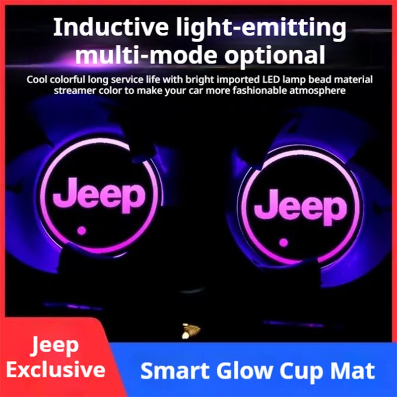 2PCS Car Interior Atmosphere Light LED Cup Coaster Anti-Slip Mat for Jeep Renegade Wrangler JK JL Grand Cherokee Gladiator ALW1
