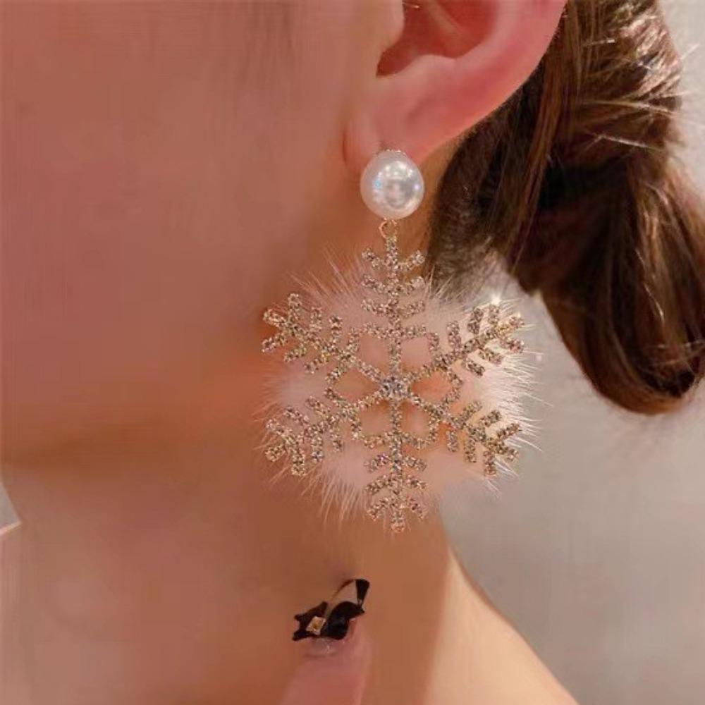 Glitter Plush Snowflake Dangle Earrings Elegant Winter Pearl Snowflake Earring Women Fashion Jewelry Christmas Earrings Women