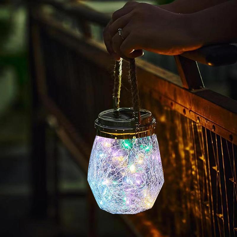 Solar Diamond Hanging Lantern Outdoor with LED String Lights Warm White/Multicolo Cracked Glass for Garden Patio Yard Porch Deco