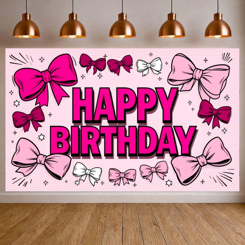 Cute Birthday Banner Dark Red Bow Decor Pink Birthday Banner Girls Birthday Banner Lettering For Kids Celebration
