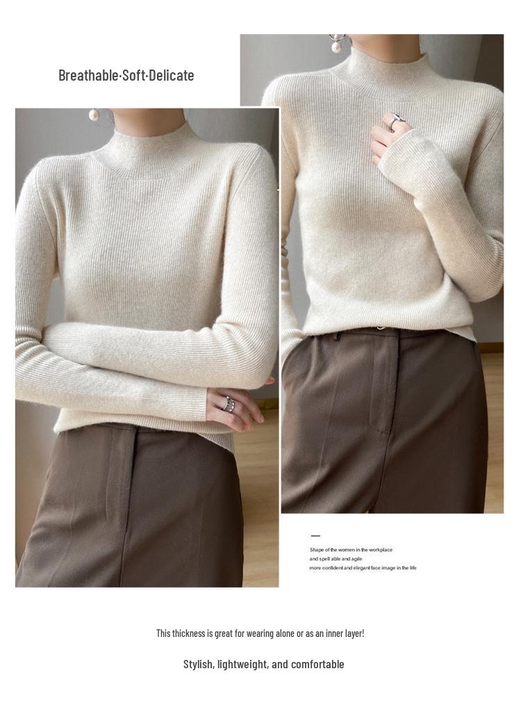 Women's 2024 Fall/Winter Cashmere Knit Base Layer: Long Sleeve, Warm, Slimming, Semi-High Neck, Versatile, Comfortable.