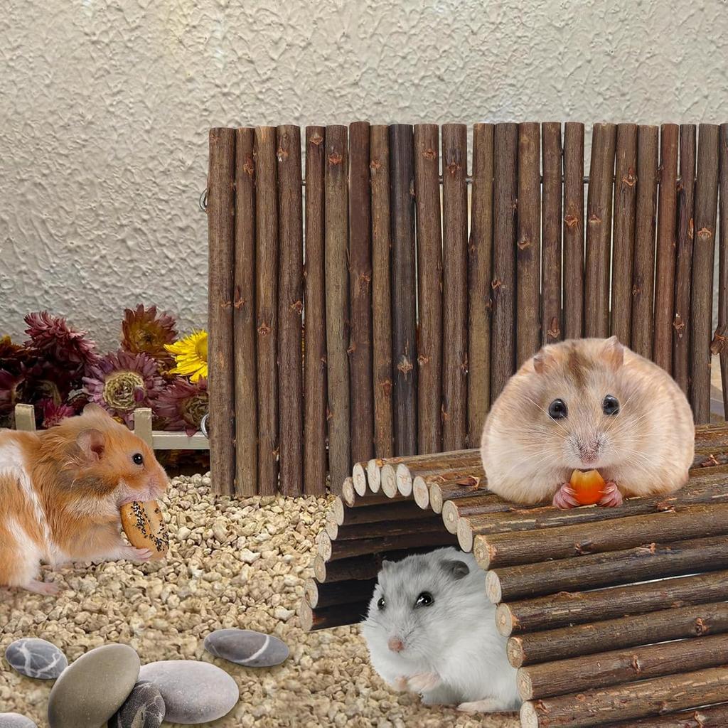 2PCS Reptile Hideout Hermit Crab Bendable Bridge, Wooden Hermit Crab Hideout Climbing Toys, Reptile Tank Habitat Decor Hiding Hut for Lizards, Mice,